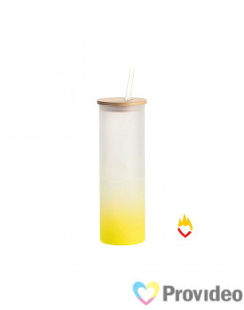 Copo de Vidro Fosco - 500ml - Tampa Bambu e Canudo de Plástico - Amarelo para Sublimação