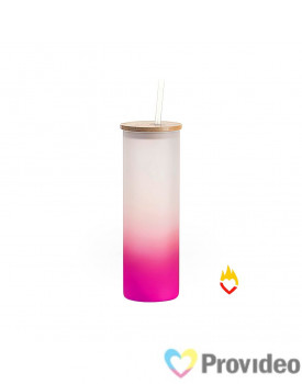 Copo de Vidro Fosco - 500ml - Tampa Bambu e Canudo de Plástico - Rosa para Sublimação
